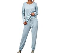 Women 2 Piece Outfits Autumn Winter Lounge Ribbed Knit Warm Pajama Sets UK Soft Long Sleeve Crewneck Tops Jumper and Drawstring Jogger Pants Tracksuits Lighweight Breathable Sleepwear