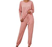 Women 2 Piece Outfits Autumn Winter Lounge Ribbed Knit Warm Pajama Sets UK Soft Long Sleeve Crewneck Tops Jumper and Drawstring Jogger Pants Tracksuits Lighweight Breathable Sleepwear
