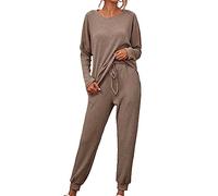 Women 2 Piece Outfits Autumn Winter Lounge Ribbed Knit Warm Pajama Sets UK Soft Long Sleeve Crewneck Tops Jumper and Drawstring Jogger Pants Tracksuits Lighweight Breathable Sleepwear