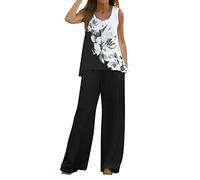 Women 2 Piece Outfits Boho Casual Printed Vest Sleeveless Top Loose Wide Leg Pants Trousers Two Piece Set Suit Wedding Guest Dress Petite Length