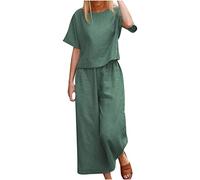 Women 2 Piece Outfits Casual Cotton Linen Sets Ladies Wide Leg Pants Set with Pocket for Women Round Neck Crop Basic Top Comfy Linen Trouser Suits Lounge Wear Suits for Spring Summer UK Clearance