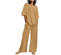 Women 2 Piece Outfits Clearance Casual Cotton Linen Sets Ladies Wide Leg Pants Set with Pocket for Women Round Neck Crop Basic Top Comfy Linen Trouser Suits Lounge Wear Suits for Summer S-5XL