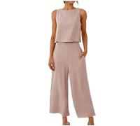 Women 2 Piece Outfits Linen Set Summer Wide Leg Loungewear Tracksuits Sleevless Tank Top and Loose Trousers Sportswear Activewear Solid Lounge Sets with Pocket Plus Size (S, Khaki)