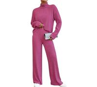 Women 2 Piece Outfits Sweater Set Long Sleeve Cable Knit Pullover Top and Wide Leg Straight Pants Solid Color Matching Loungewear Set Sweatsuit Rose Red