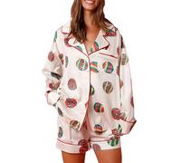 Women 2 Piece Pajamas Set Classic Dessert Print Long Sleeve Lounge Sets Button Down Shirts And Shorts Pjs Soft Sleepwear Set (White, M)