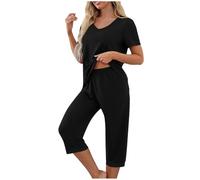 Women 2 Piece Pajamas Set V Neck Short Sleeve Plain Tops Cropped Pants Spring Summer Sleepwear Breathable Nightwear Casual Loungewear Sets Loose Lounge Set Nightwear Black