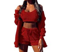 Women 2 Piece Pajamas Shorts Set Ribbed Knit - Womens 3 Piece Plush Casual Solid Color Drawstring Plush Vest Shorts Coat Three Piece Suit Tracksuit Casual Warm Winter Fleece Sets Loungewear