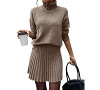 Women 2 Piece Pleated Skirt Sets Casual Sweater Sets, Mini Knit Lounge Setsn, Turtleneck Pullover Sweaters (Brown,m)