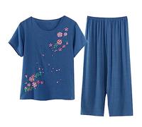 Women 2 Piece Pyjamas Print Two Pieces Outfit Pjs Sets Ladies Crew Neck Top with Pants Loungewear Set Loose Lounge Pajama Sets Sleepwear Spring Summer Leisure Nightwear Suit