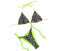 Women 2 Pieces Y2k Bikini Swimsuit Leopard Print Tie-Up Halter Neck Padded Bra Thong Bottom Beach Bathing Suit Set (Green Leopard, M)