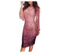 Women 2023 Elegant Ombre Evening Long Sleeve Fringed Sequin Prom Dress, Sexy Slim Fit Christmas Prom Party Dresses, for Evening, Cocktail, Wedding, Ball Etc Formal Occasions (Color : Pink, Size : M