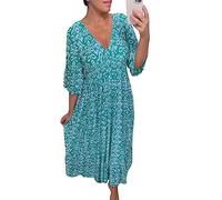 Women 2024 Summer Casual Dresses Boho Wrap V Neck Ruffle 3/4 Sleeve Beach Cocktail Flowy Pleated A-Line Maxi Dress(Xb Blue,XXL)