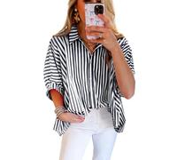 Women 2024 Summer Stripe Dolman Sleeve V Neck Oversize Shirt Tops Casual Button Up Short Sleeve Striped Blouse, Black, L