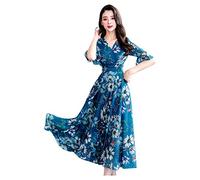 Women 2025 Summer Casual Dresses Boho Wrap V Neck Ruffle 3/4 Sleeve Beach Cocktail Flowy Pleated A-Line Maxi Dress(Blue,3X-Large)