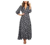 Women 2025 Summer Casual Dresses Boho Wrap V Neck Ruffle 3/4 Sleeve Beach Cocktail Flowy Pleated A-Line Maxi Dress(Sa Navy,XL)