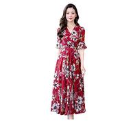 Women 2025 Summer Casual Dresses Boho Wrap V Neck Ruffle 3/4 Sleeve Beach Cocktail Flowy Pleated A-Line Maxi Dress(Red,X-Large)