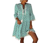 Women 3/4 Bell Sleeve Dress Boho Geometric Print Dresses Fringe Tassel Trim Tie V-Neck Tunic Dress Ladies Holiday Beach Short Sundress Summer Casual Wear My Orders Sale Clearance Green