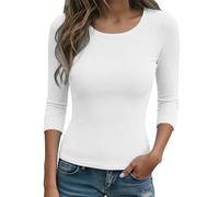 Women 3/4 Sleeve Casual Ribbed T-Shirts Top Crewneck Knit Slim Fit Rib Tunic T Shirt Basic Lightweight Knitted Undershirt Workout Tops Blouse (White, M)