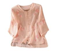 Women 3/4 Sleeve Shirts Elegant Vintage Ethnic Style Floral Embroidered Blouse with Fold Button Petite Ladies Traditional Chinese Clothing Cotton Linen Like Summer Oriental Tops