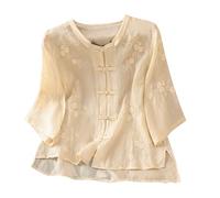 Women 3/4 Sleeve Shirts Elegant Vintage Ethnic Style Floral Embroidered Blouse with Fold Button Petite Ladies Traditional Chinese Clothing Cotton Linen Like Summer Oriental Tops
