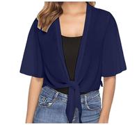 Women 3/4 Sleeves Open Front Loose Elegant Evening Cover up Lightweight Sheer Cropped Cardigan Summer Bolero Chiffon Tie Front Chiffon Short Sleeve Cropped Sheer Bolero Cardigan Shawl (B-Navy, S)