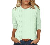 Women 3/4 Sleeves Tops Clearance Solid Loose Small Hole T-Shirt Round Neck Casual 3/4 Length Sleeve Eyelet Tops Ladies Fashion Summer Basic Blouse Loose Fit Pullover Tunic Dressy Shirts UK Size 8-18