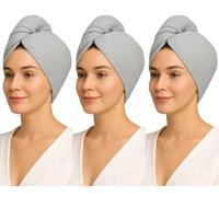 Women 3 Pack 100% Cotton Waffle Turbie Towel, Super Absorbent & Quick Drying Lightweight Turban with Button Up Toweling Cap Soft Twist Dry Hat for Long, Curly & Thick Hair 66X25cm, Light Grey