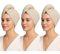 Women 3 Pack 100% Cotton Waffle Turbie Towel, Super Absorbent & Quick Drying Lightweight Turban with Button Up Anti-Frizz Toweling Cap Soft Twist Dry Hat for Long, Curly & Thick Hair 66X25cm, Beige