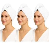 Women 3 Pack 100% Cotton Waffle Turbie Towel, Super Absorbent & Quick Drying Lightweight Turban with Button Up Anti-Frizz Toweling Cap Soft Twist Dry Hat for Long, Curly & Thick Hair 66X25cm, White