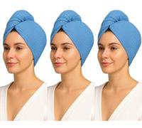 Women 3 Pack 100% Cotton Waffle Turbie Towel, Super Absorbent & Quick Drying Lightweight Turban with Button Up Anti-Frizz Toweling Cap Soft Twist Dry Hat for Long, Curly & Thick Hair 66X25cm, Blue