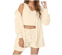 Women 3 Piece Set Clearance,Misscosy Knit Set 3-Piece Today's Deals,Fleece Hooded Long Sleeve Plush Coats and Drawstring Plush Shorts and Teddy Bear Fluffy Tank Tops Pajamas Three Piece Set S-3XL