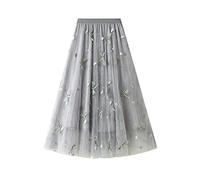 Women 3D Embroidery Dragonfly Embellished Mesh Skirt Summer Romantic Skirt High Waist A-Line Long Flowy Skirt for Ballet Prom Party Grey M