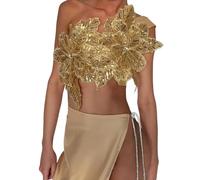 Women 3D Flower Decor Crop Top DIY Tie Up Backless Shimmering Cami Tanks Sparkly Bandeau Tube Tops Rave Club (Gold, M)