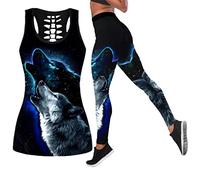 Women 3D Wolf Print Two Piece Yoga Set Sport Fitness Quick Dry Vest Hollow Tank Top Legging