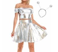 Women 3Pcs Shiny Holographic Faux Leather Club Dress Halloween Alien Cosplay Costume Wetlook Crop Top + Flared Pleated Short Skirt + Headband Stage Musical Festival Outfits Silver - off shoulder L