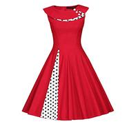 Women 50s 60s Vintage Sleeveless Polka Dot Cocktail Swing Dress Retro Audrey Hepburn Patchwork Midi Evening Rockabilly Dress, Red, XL