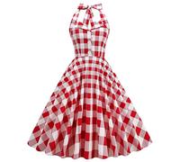 Women 50s Vintage Polka Dot Halter Cocktail Swing Dress Buttons Floral 1950s Rockabilly Audrey Hepburn Prom Tea Party Dress, Red White Plaid, XL