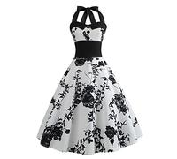 Women 50s Vintage Polka Dot Halter Cocktail Swing Dress Buttons Floral 1950s Rockabilly Audrey Hepburn Prom Tea Party Dress, Black White, XXL