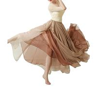 Women 720 Degrees Elegant Gradient Color Chiffon Skirt Double Layer Large Swing Skirt Ethnic Style Stage Performance Costume Chinese Classical Dance Flowy Split Skirt Khaki XL