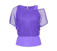 Women 80S T Shirts Neon Fishnet Mesh Top Off Shoulder Tops for Women Hollow Out Fishnet Tank Tops Two-Piece Set Solid Color Crop Top Oversized Shirts Neon Vest Carnival Party Clothes (Purple, XL)