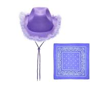 Women Adjustable Chin Strap Cowboy Hats Felt Feather Wide Brim Cowgirl Hats Party Costume with Scarf (A-Purple raw edges and square scar, ONE SIZE)