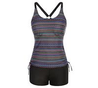 Women Adjustable Strap U Neck Drawstring Swimsuits Two Piece Tankini with Removable Bust Pads Colored Pinstripes XXL