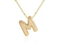 Women Adorable Bubble Letter M Pendant Necklace Gold Plated Cubic Zirconia Initial Alphabet Chain Necklace Balloon Design Necklace