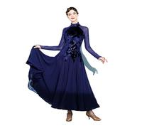 Women Adult Modern Dancewear Print Velvet Mesh Waltz National Standard Social Practice Dress Ballroom Dance Competition Dresses(Blue,S)