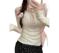 Women Aesthetics Fairycore Clothes Bow Tie Front Lace Trim Blouse Y2K Coquette Going Out Tops Cute Sweatshirts, Apricot, Small