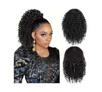 Women Afro Puff Drawstring Ponytail Clip In Hair Extensions 14 Inch Kinky Curly Synthetic Hairpiece For Women Daily use(1BB)