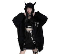 Women Alt Emo Clothes Y2K Zip Up Hoodies Aesthetic Gothic Sweatshirts Dark Academia Devil Jackets Grunge Blouse, Black, One size