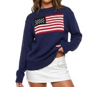 Women American Flag Sweater Long Sleeve Crew Neck Loose Fit Knit Pullover Tops USA Casual Loose Pullover Sweater, 2# Navy Blue, XL