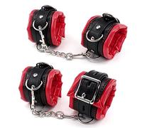 Women and Men Padded Leather Bondage Handcuffs and Ankle Cuffs Set, Leather Sex Toys SM Wrist Cuffs for Bondage Restraints, Bondage Kit Sex Cuffs, Bondage Cuffs for Sex Games (Black/Red)