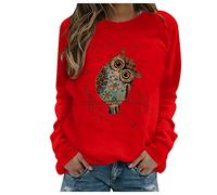 Women Animal Sweatshirt Pullover Crew Neck Cute Owl Print Sweater Jumper Ladies Comfort Casual Long Sleeve Tunic Tee Tops Blouse Autumn Spring Red